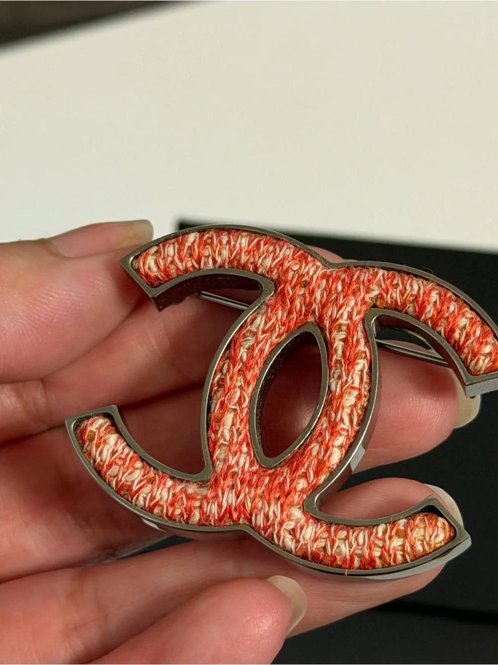 CHANEL Coral Tweed CC Statement Brooch